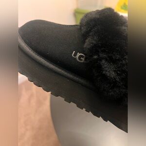 UGG Disquette Black Suede with Fur Trim Platform Slippers